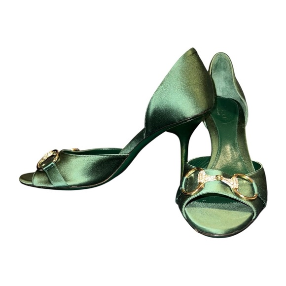 Gucci Emerald Green Satin Peep-Toe Stiletto Heels – Size 7.5 - Picture 7 of 10